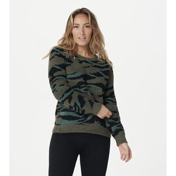 Barefoot Dreams CozyChic Seaside Sweater Crew Neck Pullover Camo Small Green - Picture 1 of 6